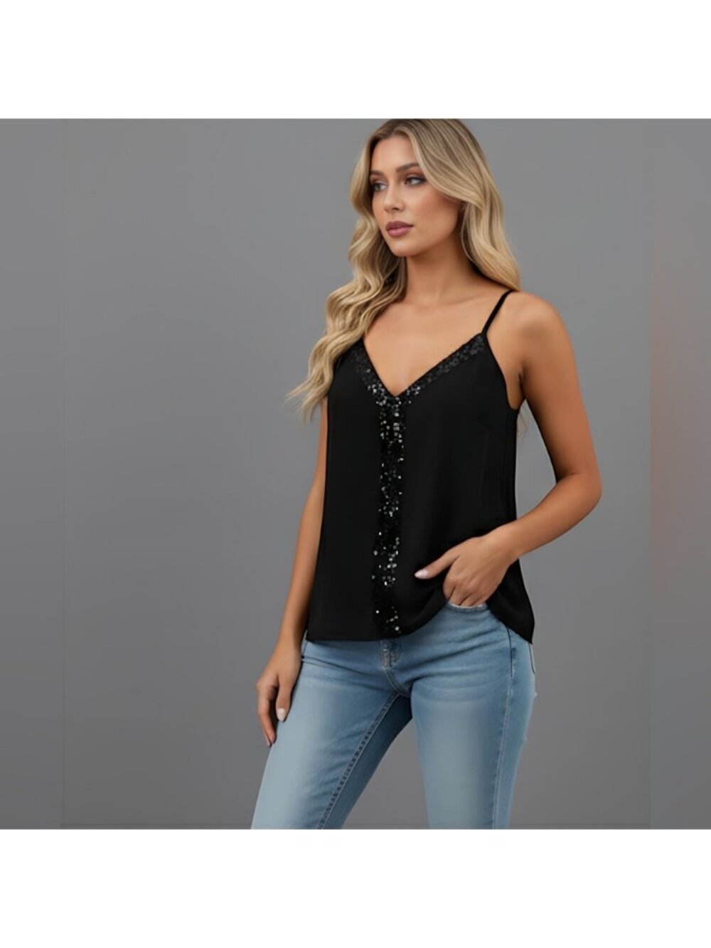Black Contrast Sequin Cami Top